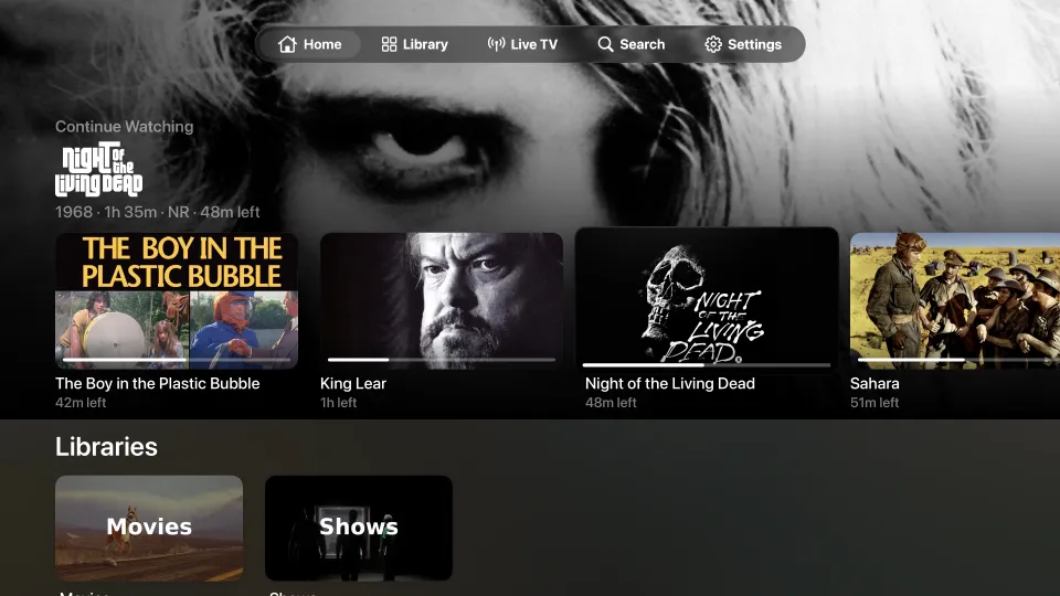 Home on Apple TV: Night of the Living Dead featured across the screen, with Continue Watching beneath it