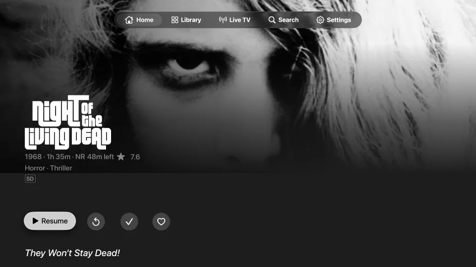 Night of the Living Dead's page on Apple TV, with its artwork, logo, Resume button and quality badge