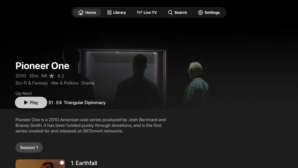A series page on Apple TV showing the next episode, seasons and episodes