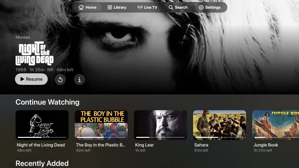 The Movies library front page on Apple TV with a featured film and shelves