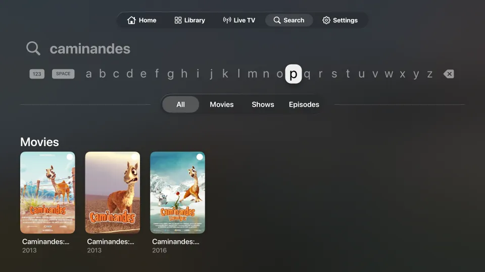 Search on Apple TV for caminandes, with three short films in the results
