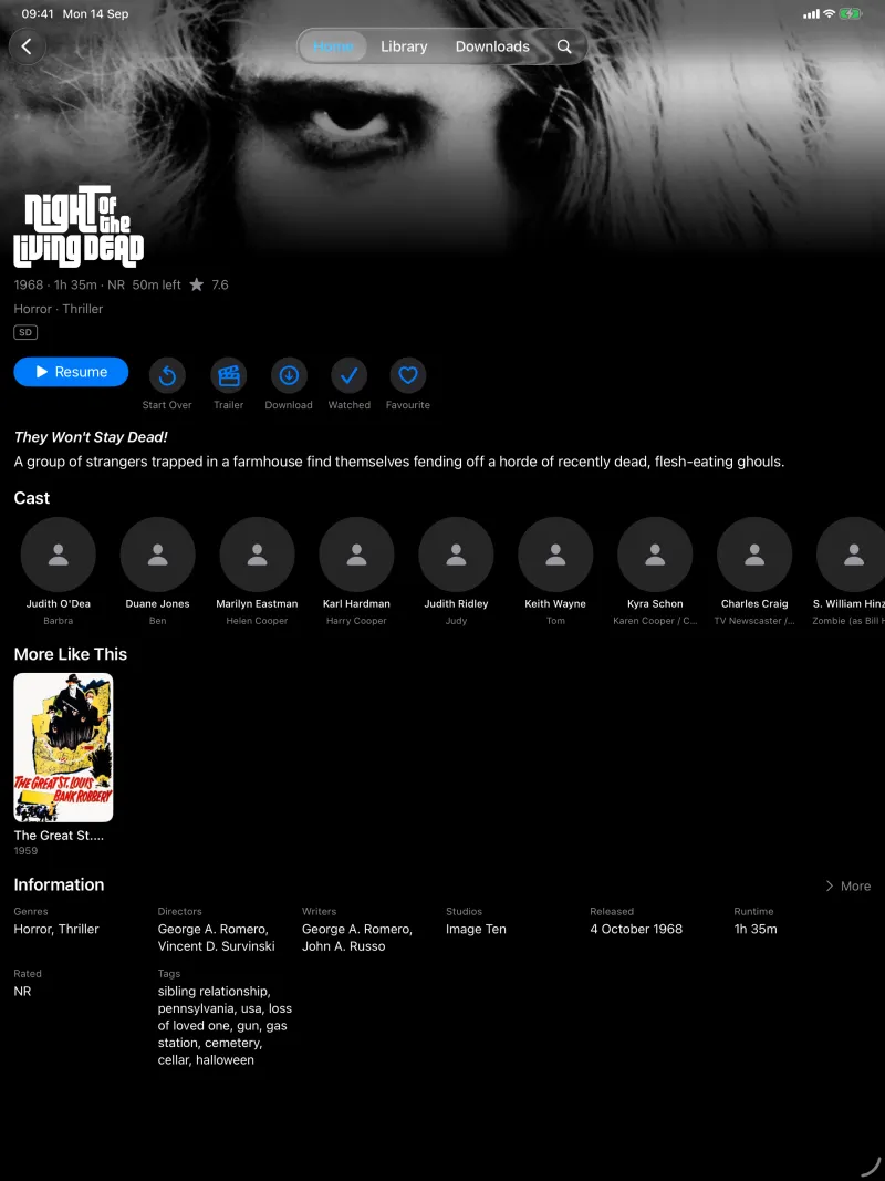 Night of the Living Dead's page on iPad with cast, More Like This and information