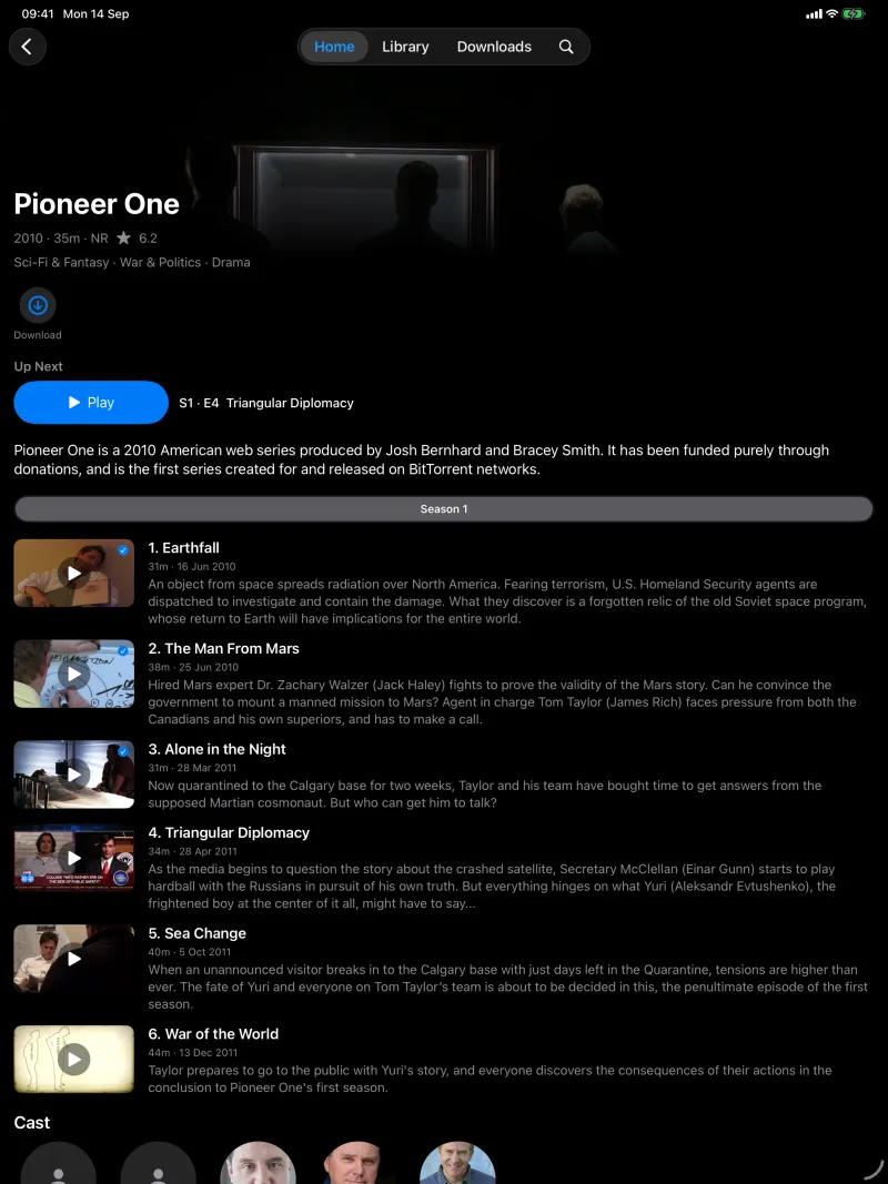 Pioneer One's page on iPad listing every episode of the season