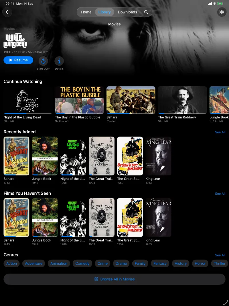 The Movies library front page on iPad
