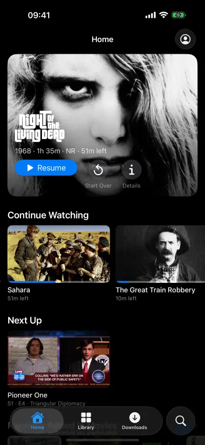 Home on iPhone: Night of the Living Dead featured, with Continue Watching and Next Up below
