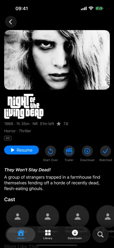 Night of the Living Dead's page on iPhone, with Resume, Start Over, Trailer and Download