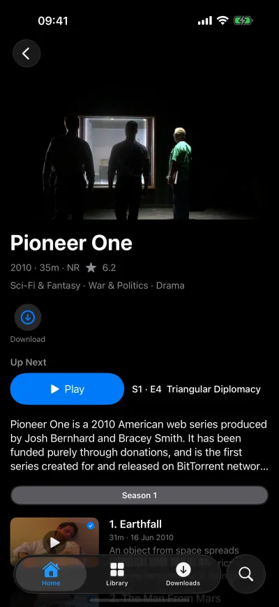 Pioneer One's page on iPhone, with the next episode and the season's episodes