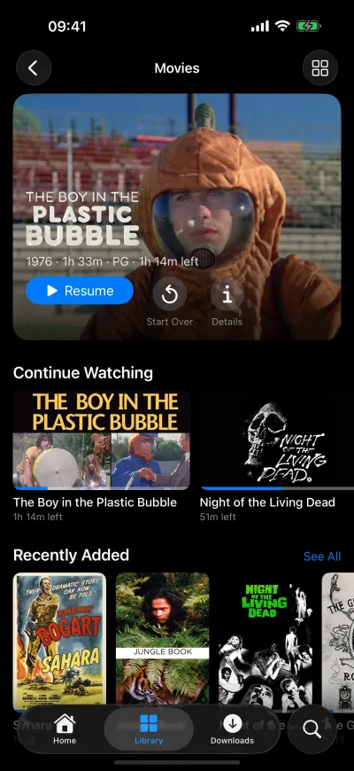 The Movies library's front page on iPhone, with a featured film and shelves