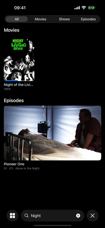 Search results on iPhone for "night": a film and an episode