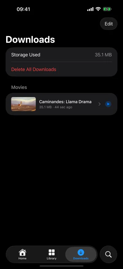 The Downloads tab on iPhone with a downloaded short film